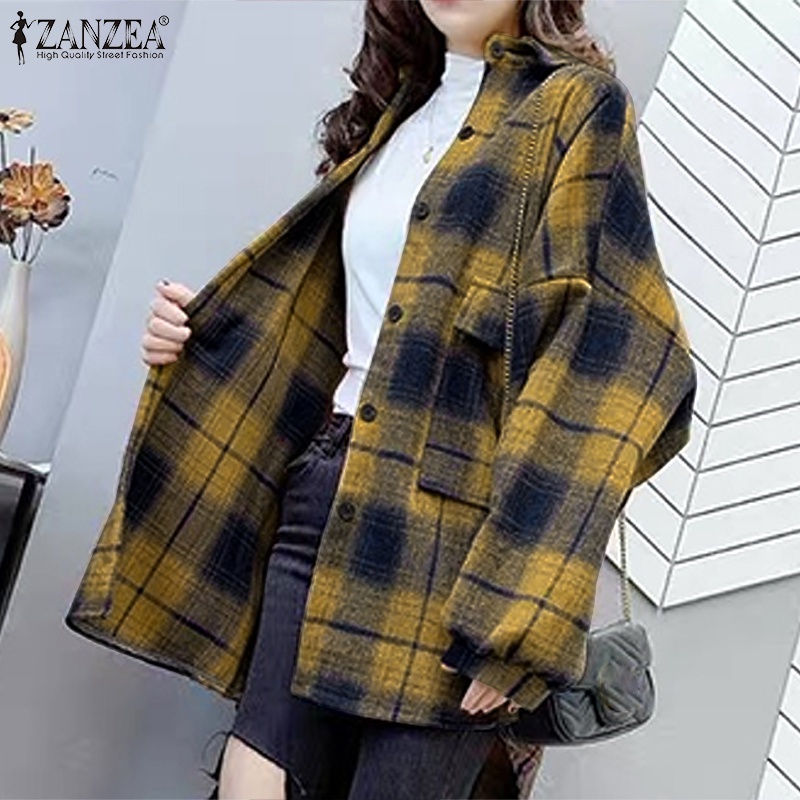 Áo khoác sơ mi ZANZEA dáng rộng in họa tiết kẻ sọc caro cổ bẻ viền thấp và cao cho nữ