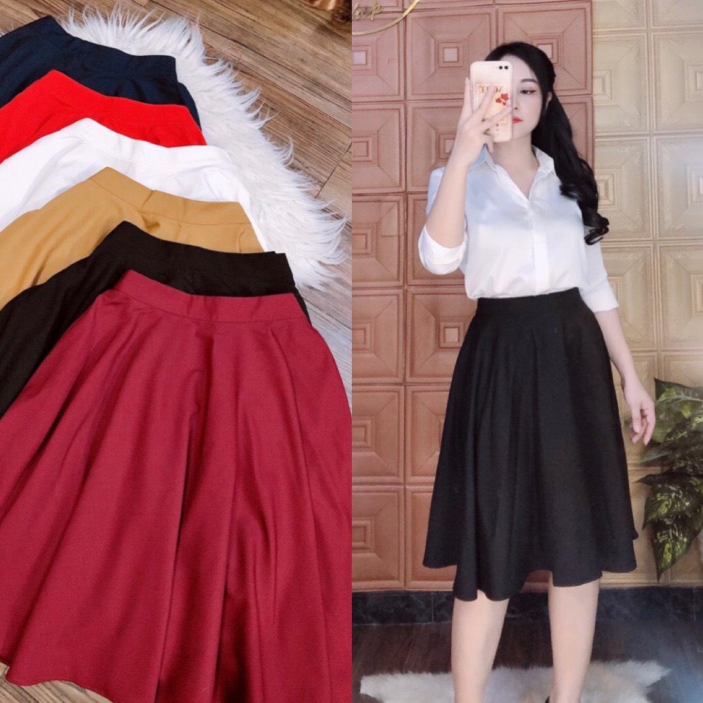 Chân váy xoè công sở dáng dài, chất Cotton lạnh, dày dặn co giãn, không nhăn, không xù