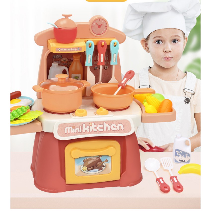 Đồ Chơi Bộ Bếp Nấu Ăn Mini Kitchen 26 Món Màu Hồng Cam, Chi Tiết Đa Dạng, Thiết Kế Đẹp Mắt, Có Tiếng Nhạc - SUMOSHOP68