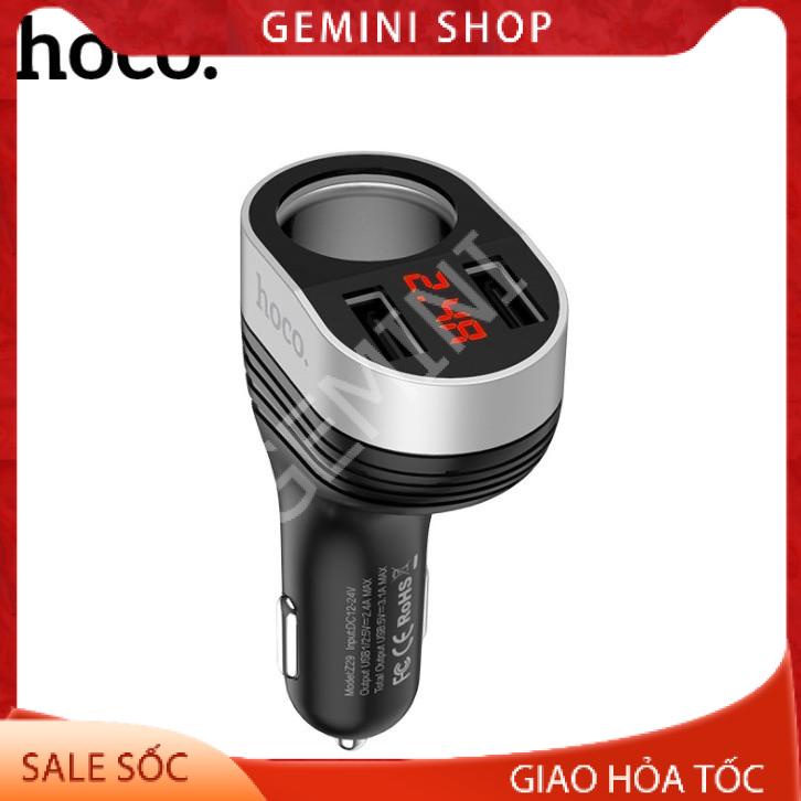 Tẩu Sạc hiển thị đèn Led Chia Cổng Ô Tô Hoco cao cấp Z29 màu đen GEMINI SHOP