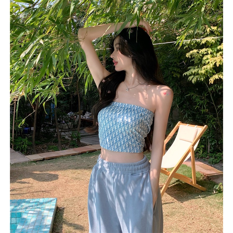 Cocory vn Áo Croptop Không Tay Hở Vai In Chữ Quyến Rũ Thời Trang Mùa Hè Dành Cho Nữ