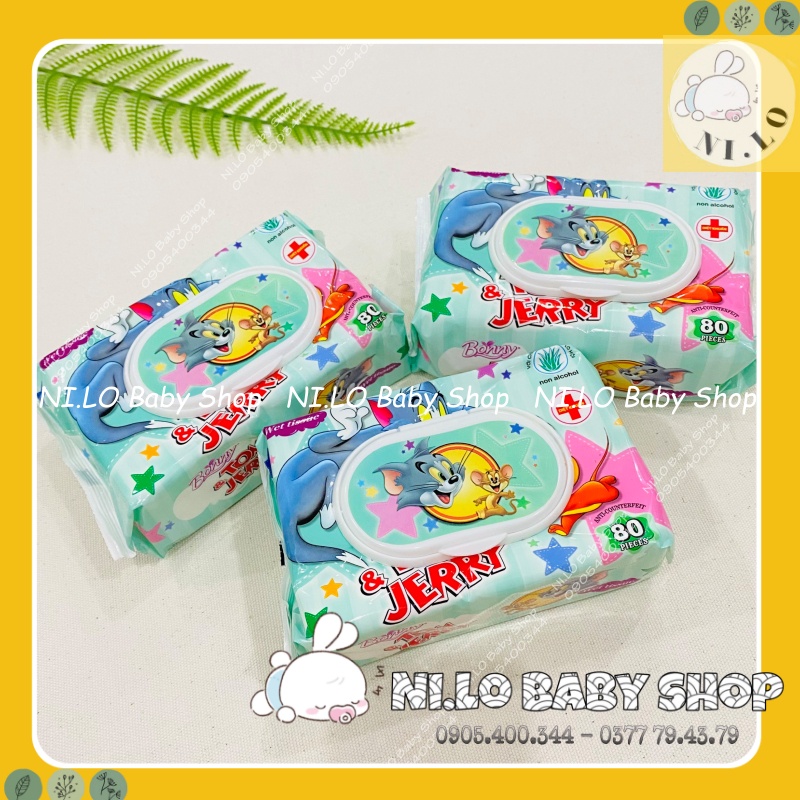 Khăn ướt Bonny TOM&amp; JERRY không mùi (anti-couterfeit) 80 miếng phù hợp cho trẻ sơ sinh