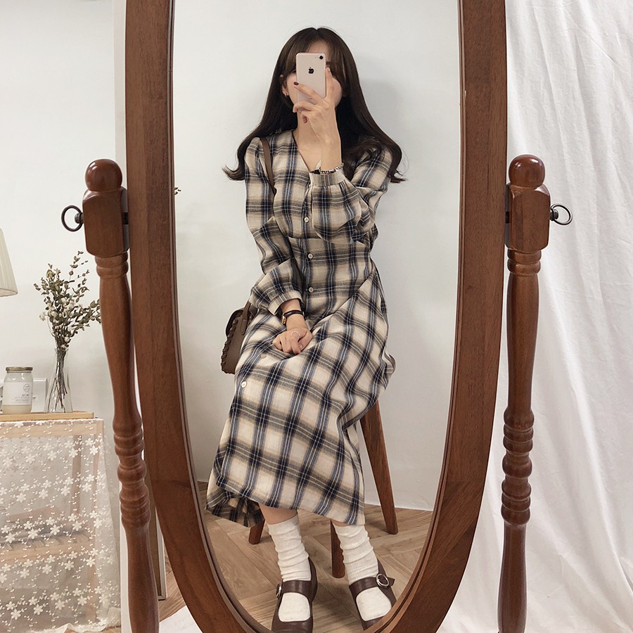 Váy kẻ ô Moran mùa thu style Hàn Quốc