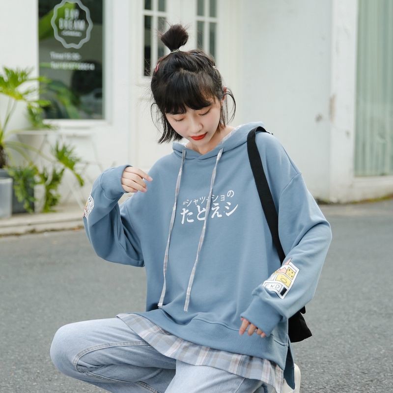 [Hàng order] Áo hoodie xanh nhạt nỉ mỏng thời trang có size style Nhật Bản đuôi sơmi kẻ caro | BigBuy360 - bigbuy360.vn