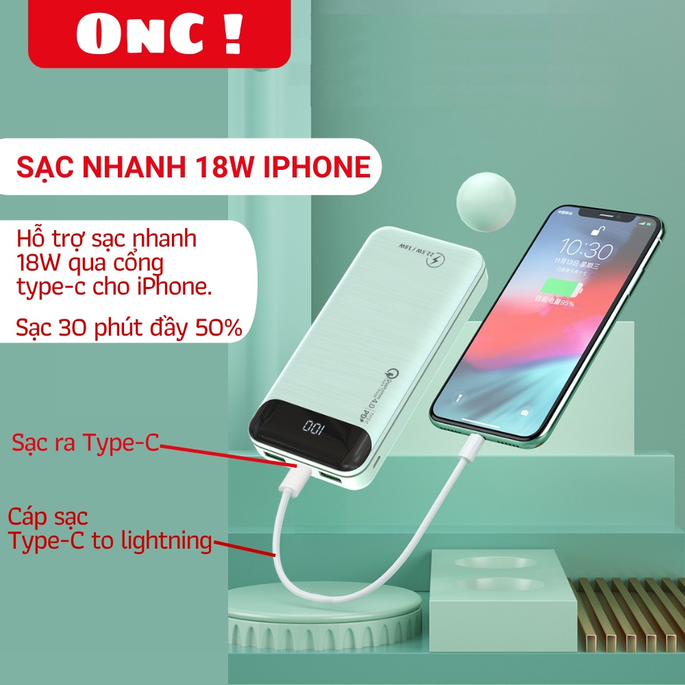 Sạc dự phòng 20000mAh, Sạc nhanh gấp 3 lần sạc thường PD - QC 3.0 18W  Hiển thị %Pin