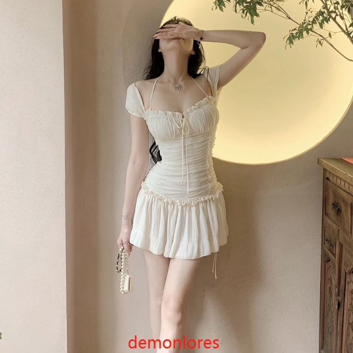 Đầm Tay Ngắn Màu Trắng Thiết Kế Dây Rút Thời Trang Mùa Hè Cho Nữ