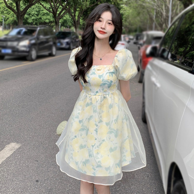 Đầm Tay Ngắn Cổ Vuông Phối Lưới In Họa Tiết Dễ Thương Thời Trang Mùa Hè Cho Nữ