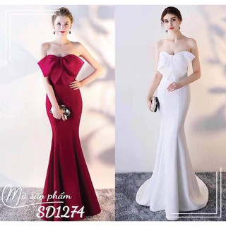 Đầm dạ hội cao cấp cúp ngực phối nơ chất umi freesize 2 màu đỏ trắng