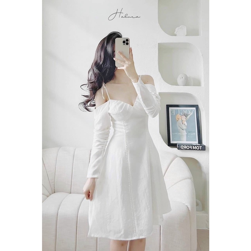 đầm lụa kiểu bệt vai dây cột tay dài