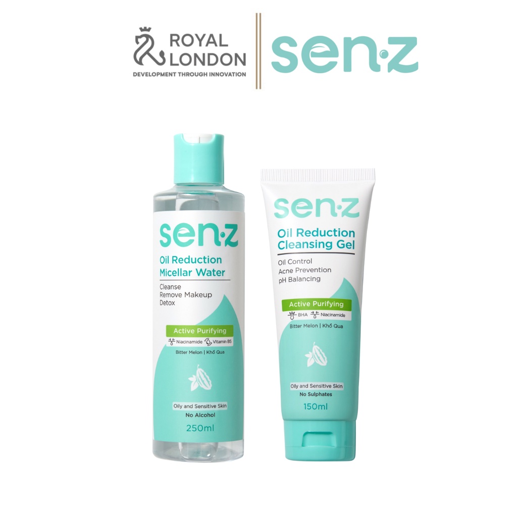 Bộ Đôi Tẩy Trang + Sữa Rửa Mặt Khổ Qua SENZ Oil Reduction Micellar Water &amp; Cleansing Gel Cho Da Dầu 250ml + 150ml