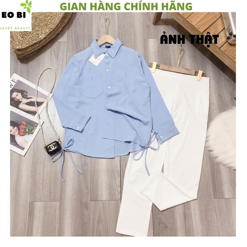 Set Áo sơ mi nữ xanh ngọc rút eo  kèm quần tây vải ống suông mầu trắng cực xinh thanh lịch ulzzang -EOBI | BigBuy360 - bigbuy360.vn