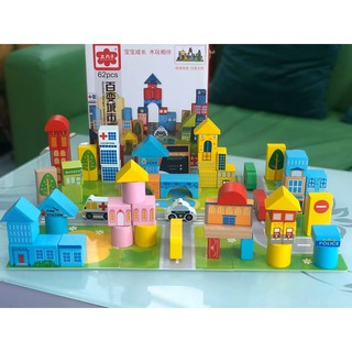 ĐỒ CHƠI GỖ 62 KHỐI | Bộ xếp gỗ đồ chơi xây dựng thành phố giao thông mô hình