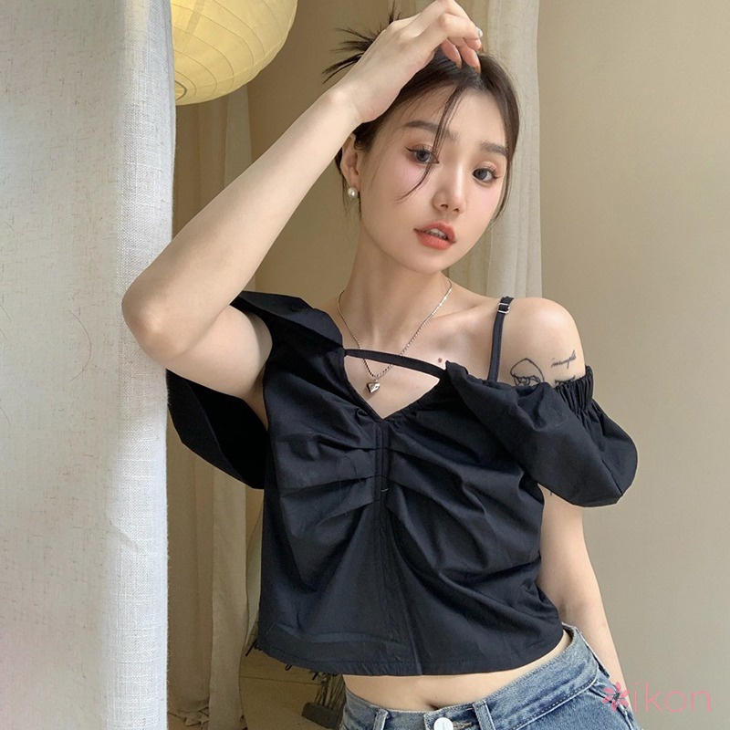 Áo Croptop Tay Ngắn Màu Sắc Đơn Giản Cho Nữ