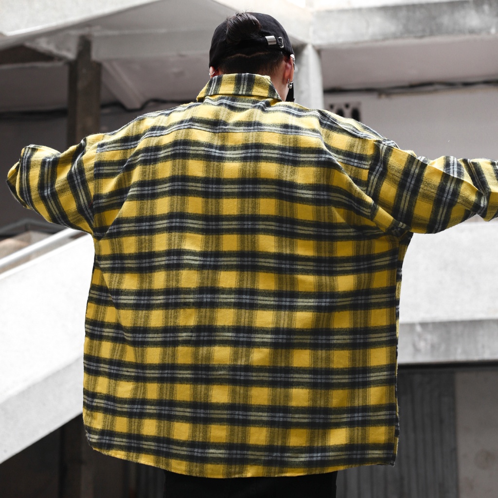 Áo Sơ Mi Flannel Màu Vàng Sọc Đen Form Rộng Thoải Mái Chất Liệu Cotton Thoáng Mát