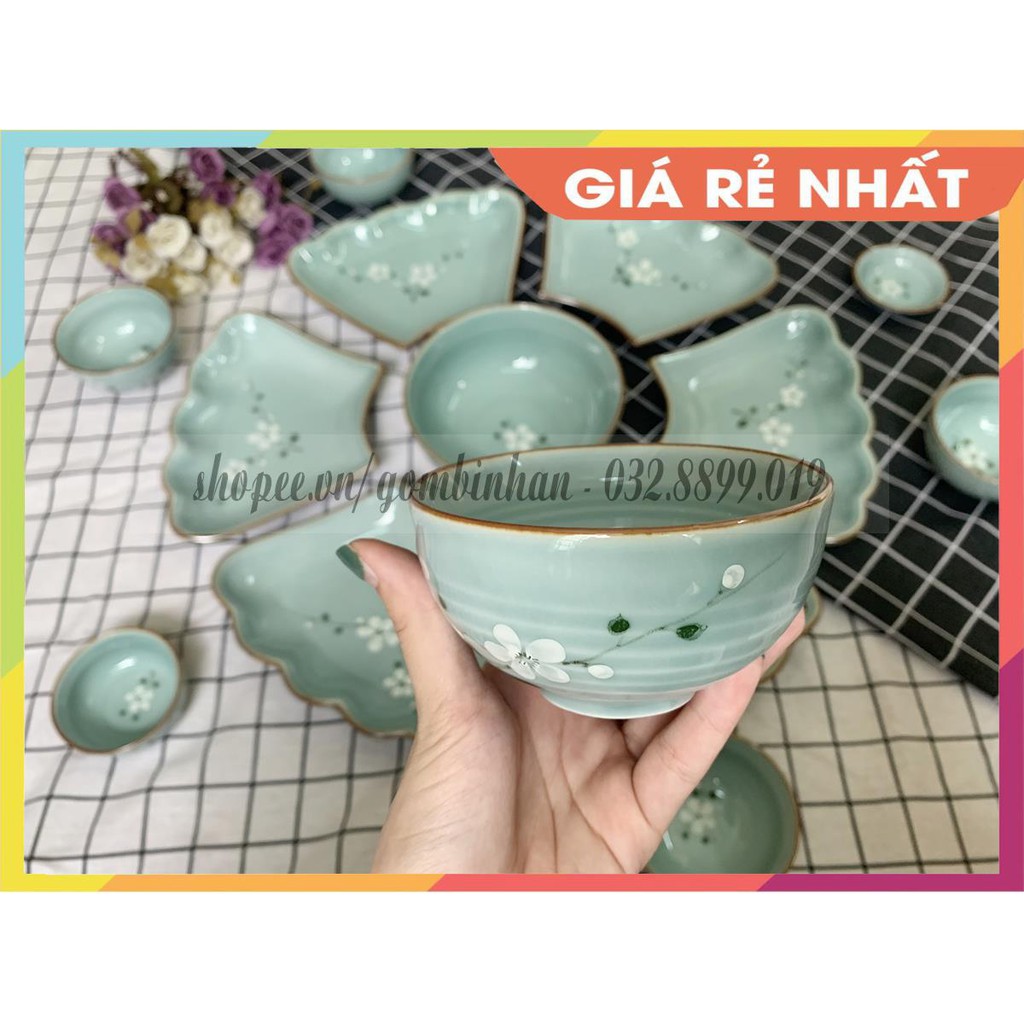 [GIÁ TỐT - BÁT ĐĨA ĐẸP] Bộ bát đĩa gốm sứ mặt trời - Bộ đồ ăn men xanh vẽ hoa đào trắng dáng độc đáo, chất lượng tốt!