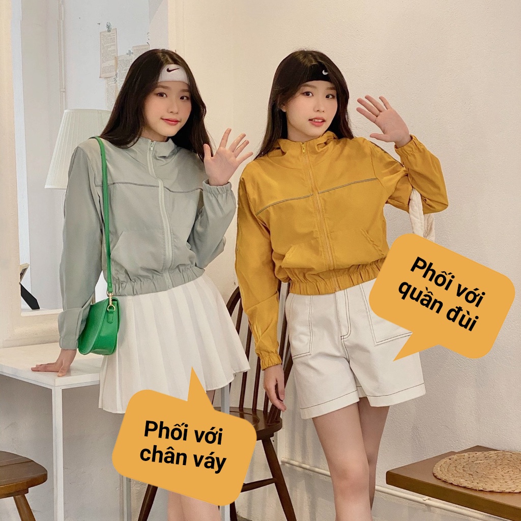 Áo khoác dù nữ FM Style chống nắng dáng lửng 1 lớp siêu nhẹ thiết kế sọc ngang họa tiết trơn phối mũ năng động 210701109