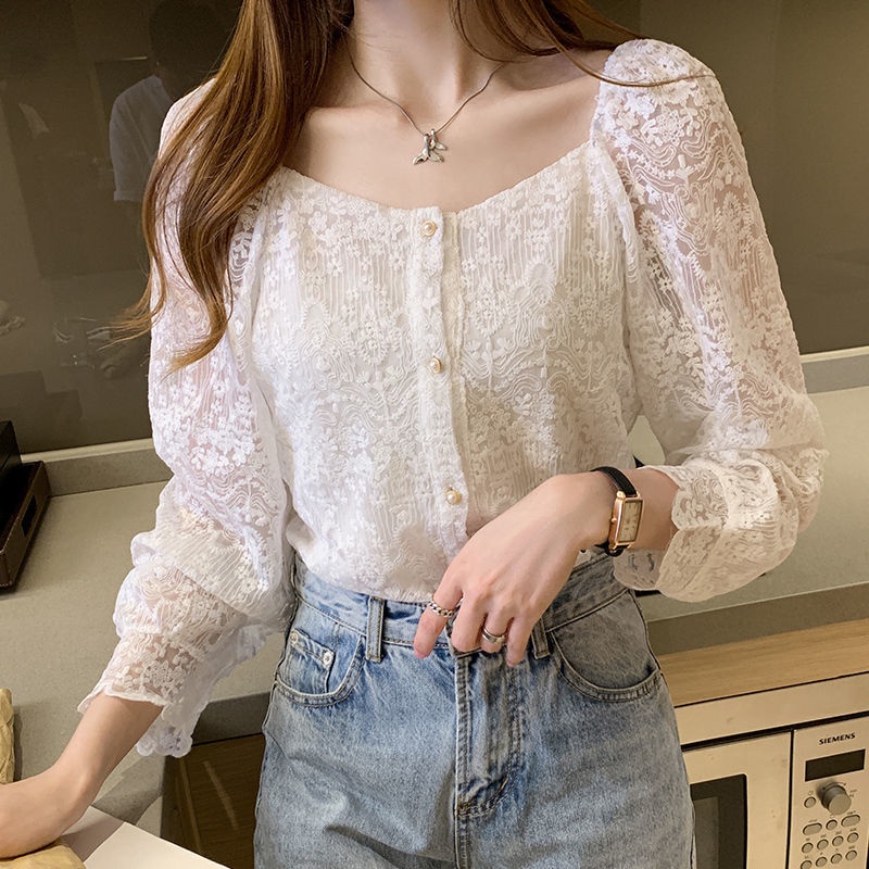 Áo kiểu nữ IELGY tay dài cổ vuông dáng rộng phối ren thanh lịch phong cách phương Tây