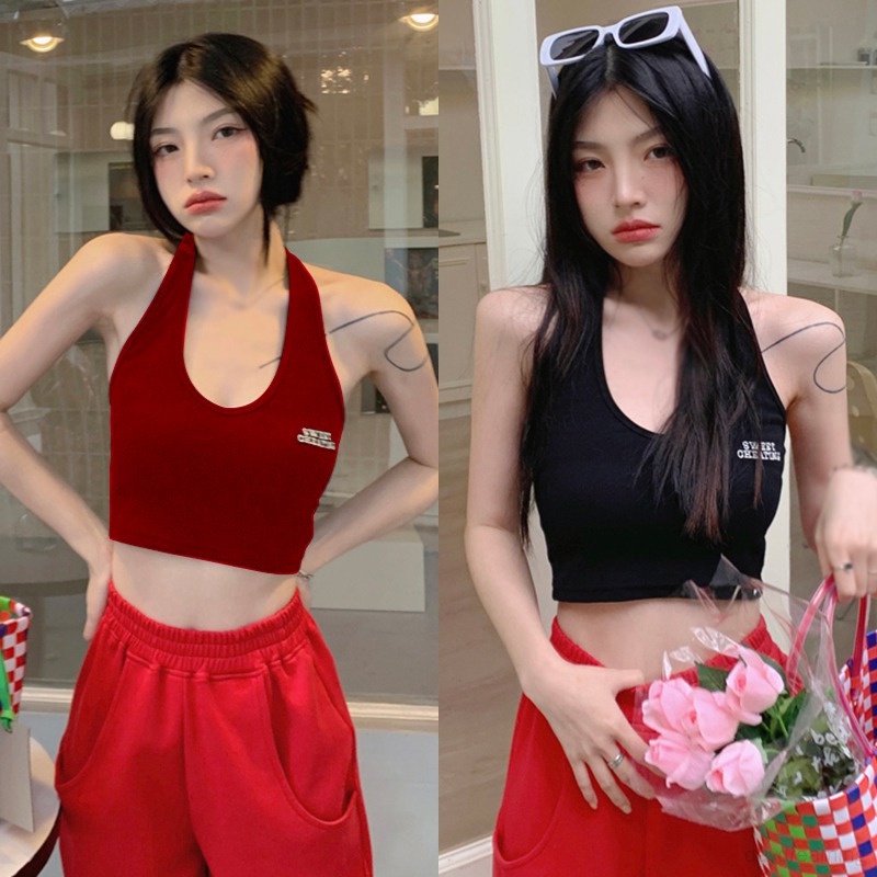 Áo Croptop Hai Dây Dáng Ôm In Chữ Phong Cách Hàn Quốc Thời Trang Cho Nữ