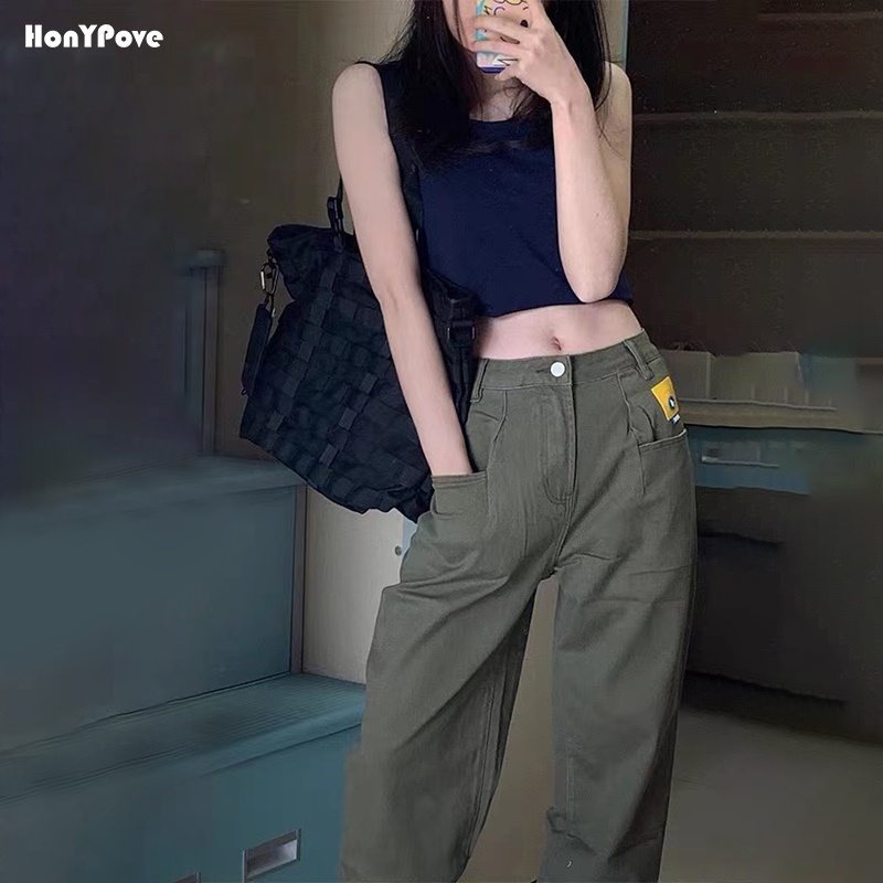 Honypove Quần Yếm Jean Lưng Cao Ống Rộng Phong Cách Retro Đường Phố Mỹ Thời Trang Mùa Hè Cho Nữ