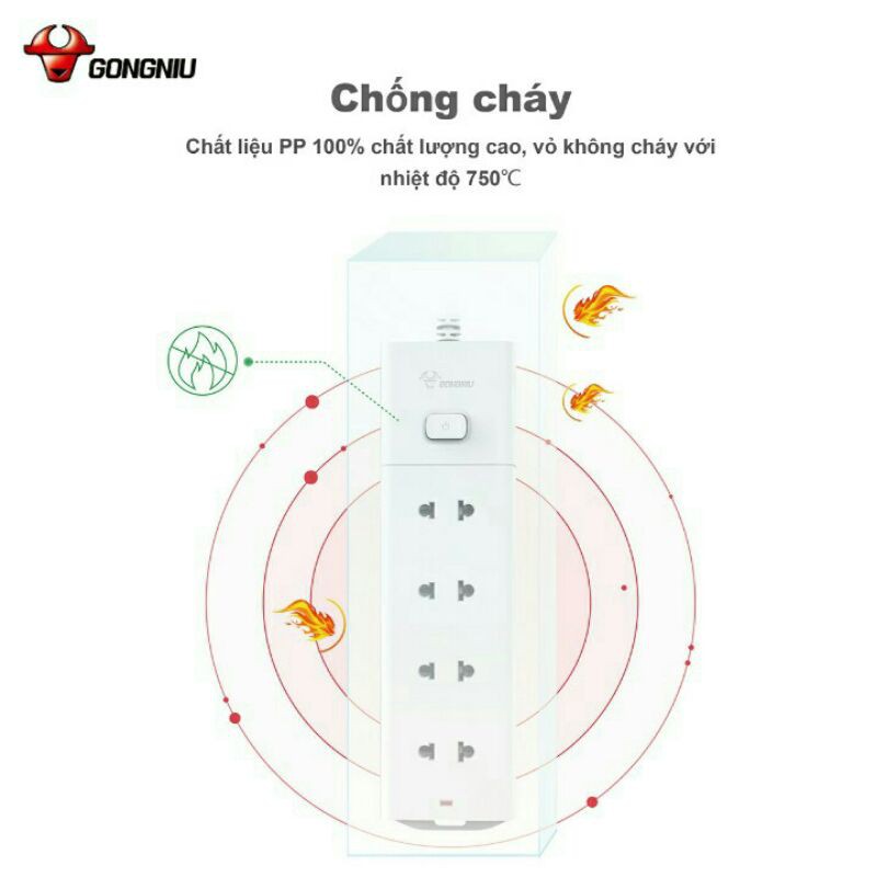 Ổ Cắm Điện Gongniu 4 Ổ 1 Công Tắc-2500W/10A-V1040-Chính Hãng