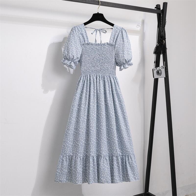 Đầm midi Chữ A Vải Voan Xếp Ly Tay Ngắn In Hoa Phối Dây Buộc Sau Lưng Kiểu Vintage Dễ Thương