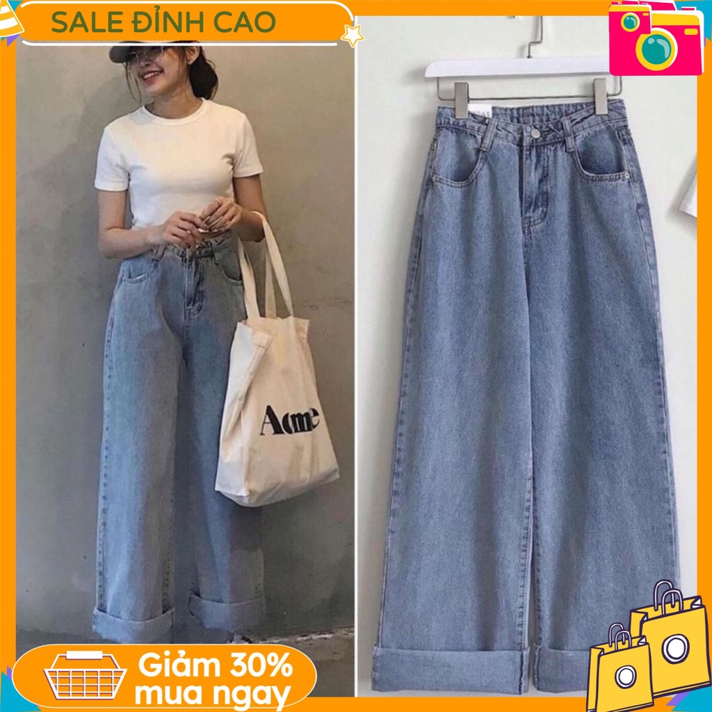 Quần Jeans Nữ Simple Jeans Lưng Cao Dáng Suông Ống Rộng Ulzzang Cực Chất