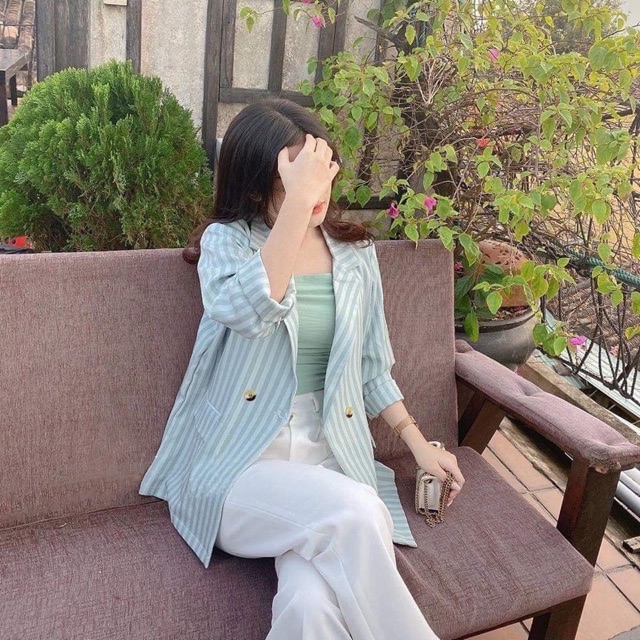 [HÀNG MỚI VỀ] Áo blazers nữ, kẻ sọc xanh, kiểu đẹp, phong cách thanh lịch, giao hàng nhanh, freeship