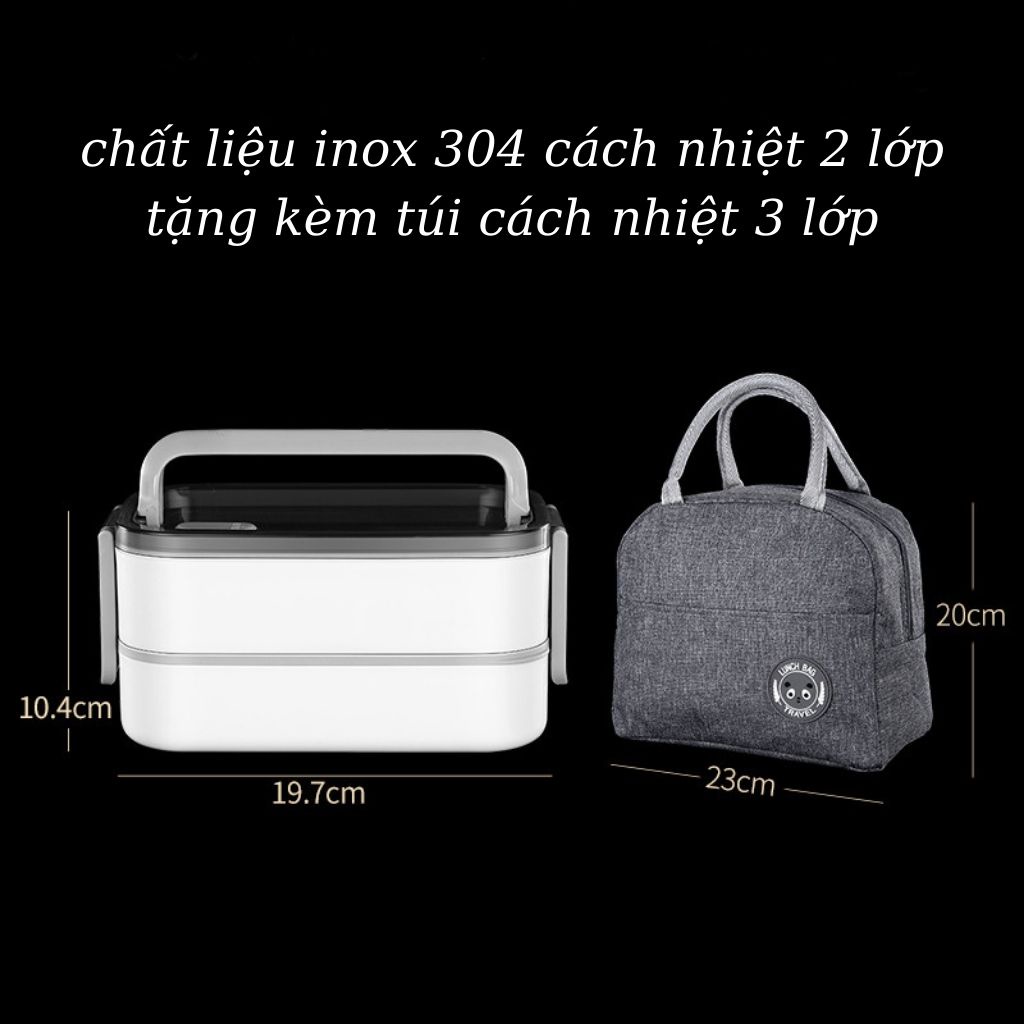Hộp cơm văn phòng giữ nhiệt 2 tầng 3 ngăn inox 304, tặng kèm túi đựng cách nhiệt 3 lớp và đũa thìa