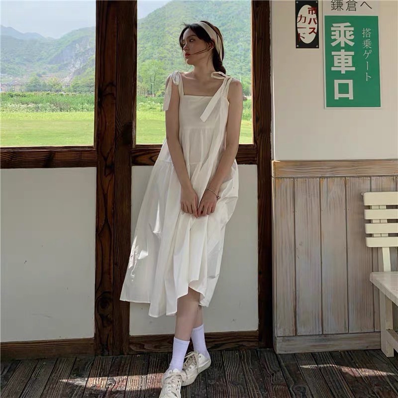 Váy 2 dây buộc nơ dáng babydoll basic nhiều màu