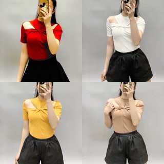 Áo thun khoét vai trà xanh cotton zip