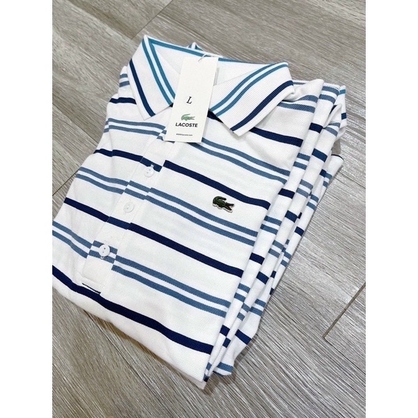 Áo polo trắng Lacoste cá sấu nam nữ sọc ngang