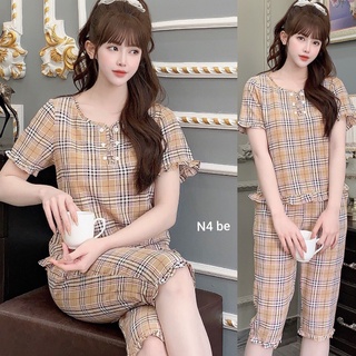 Đồ bộ nữ mặc nhà mùa hè quần lửng vải lụa Hàn siêu mềm, mát –Lencystore – mã N4