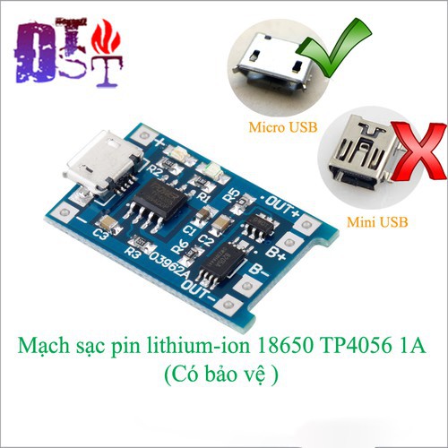 Mạch sạc pin lithium-ion 18650 TP4056 1A - Có bảo vệ