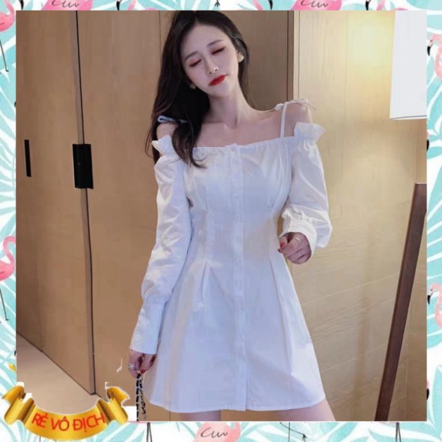 (mới) VÁY THIẾT KẾ TRỄ VAI DÀI TAY CÚC DỌC - ĐẦM TRẮNG ĐEN BẸT VAI CHUN BUỘC NƠ ULZZANG HOT - (Sp sẵn)