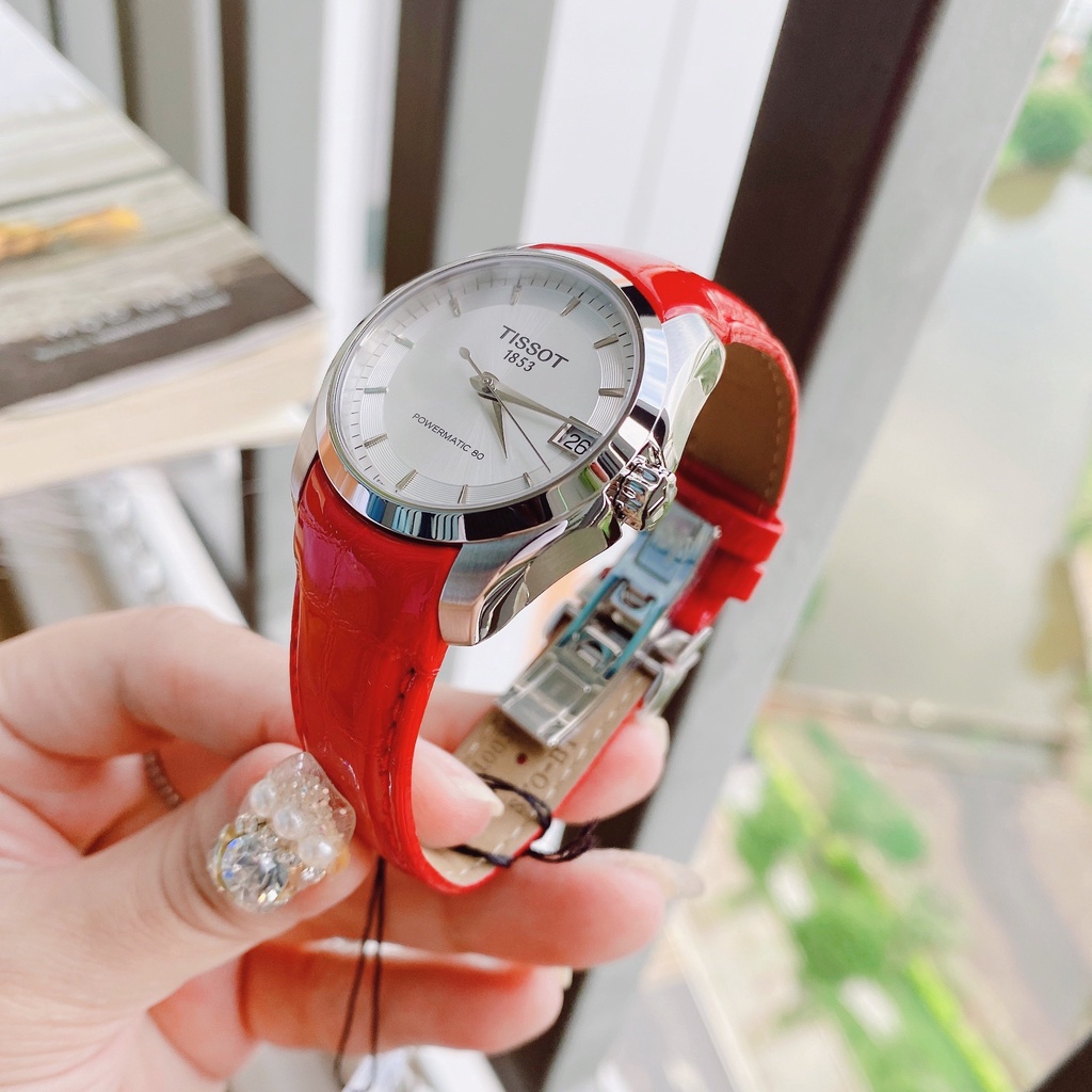 Đồng hồ Nữ chính hãng Tissot 1853 Couturier Powermatic T035.207.16.031.01 Size 32,Mặt trắng,Lịch ngày-Máy cơ-Dây da đỏ