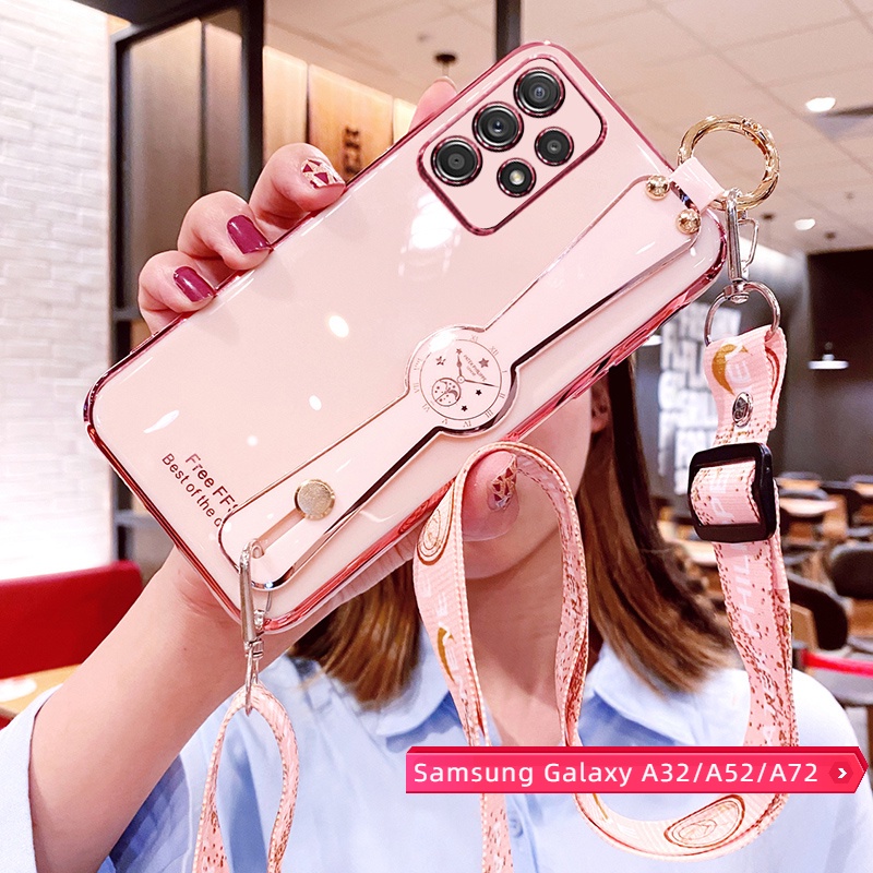 Ốp Điện Thoại Màu Kẹo Mạ Điện Có Dây Đeo Dài Bảo Vệ Camera Cho Samsung Galaxy A52 A52s 5G A32 4G A32 5G A72 Sự Bảo Vệ
