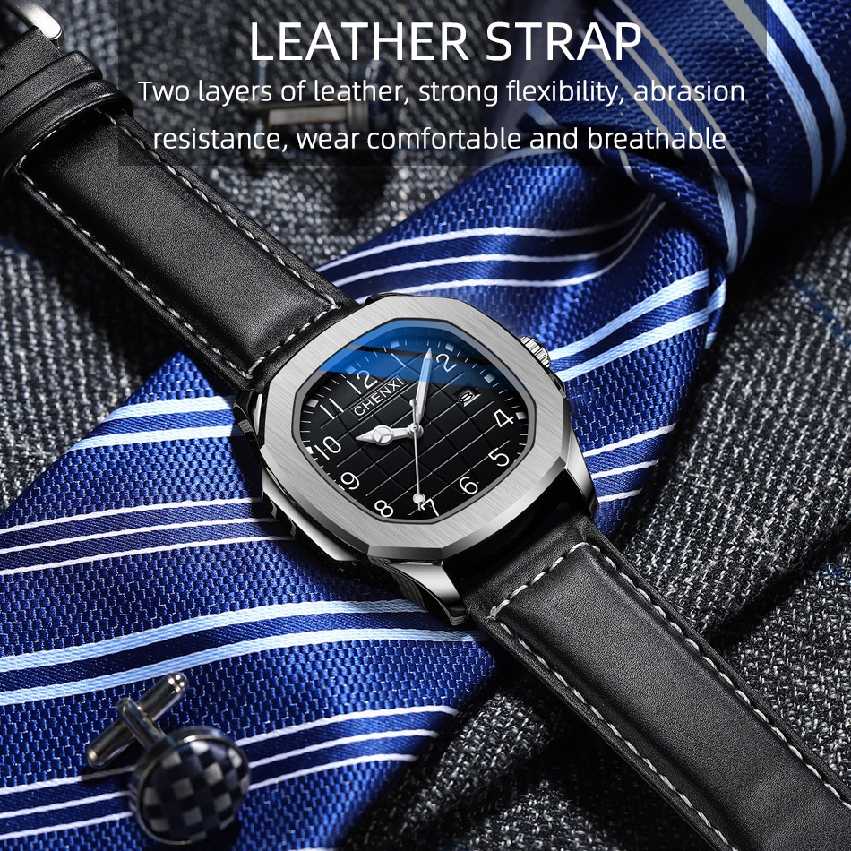 Đồng Hồ Đeo Tay Nam Mặt Vuông Dây Da Chống Thấm Nước Thời Trang