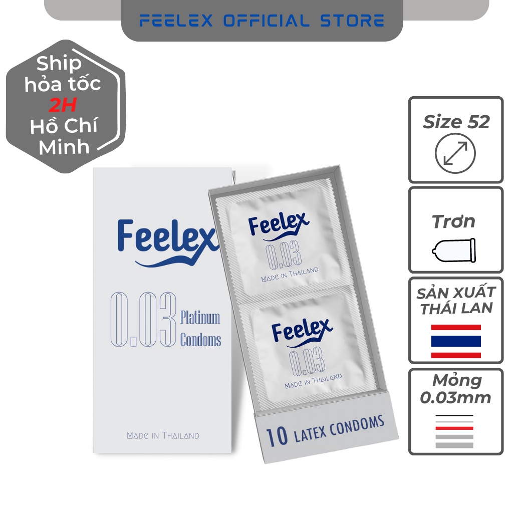 Bao cao su Feelex 0.03 Platinum, siêu mỏng, nhiều gel bôi trơn, xuất xứ Thái lan - Hộp 10 bcs