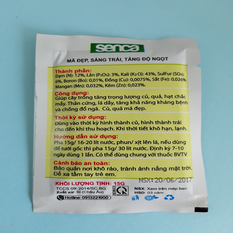 Phân bón lá SENCA 32  15g Giúp cây trồng tăng khả năng ra hoa đậu quả, tăng trọng lượng củ,