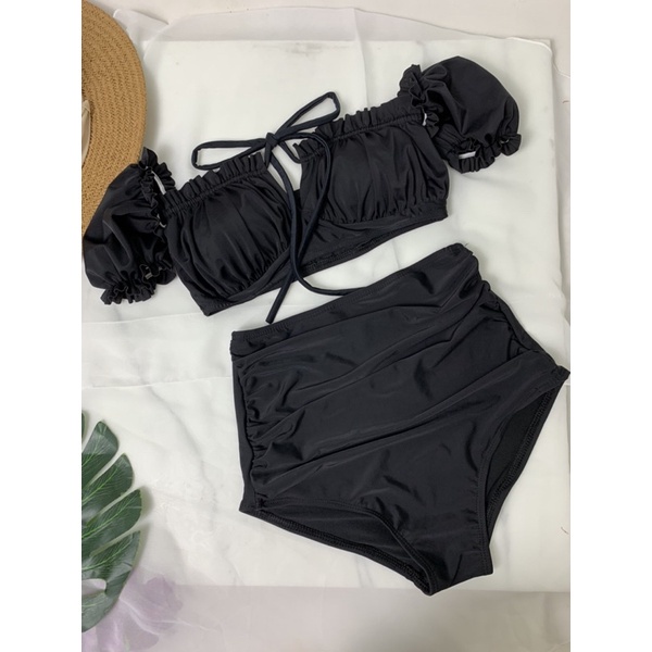 Bikini tay bồng quần dúm đen nữ tính kín đáo mặc đi biển đi bơi