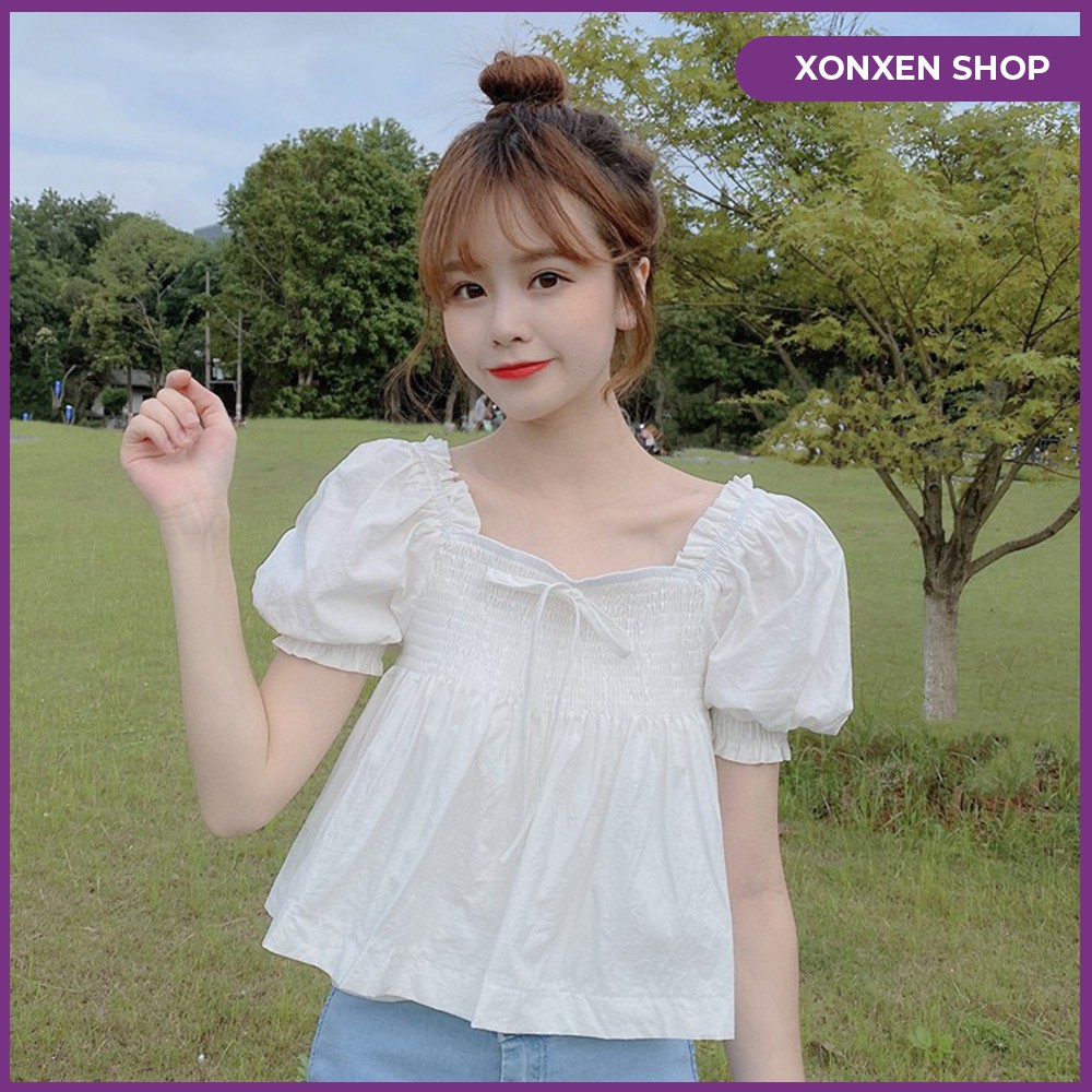 Áo kiểu tay ngắn form babydoll trễ vai XONXEN SHOP TAM KỲ 269 HÙNG VƯƠNG free size mã 6628