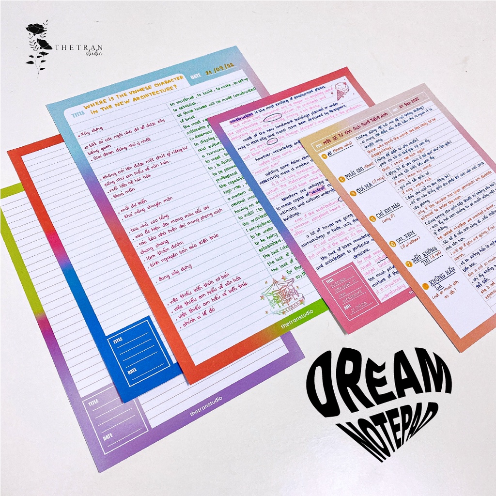 Bộ 10 tờ giấy ghi chép kẻ ngang A4, B5, A5, A6 cornell gradient / dream notepad / thetranstudio