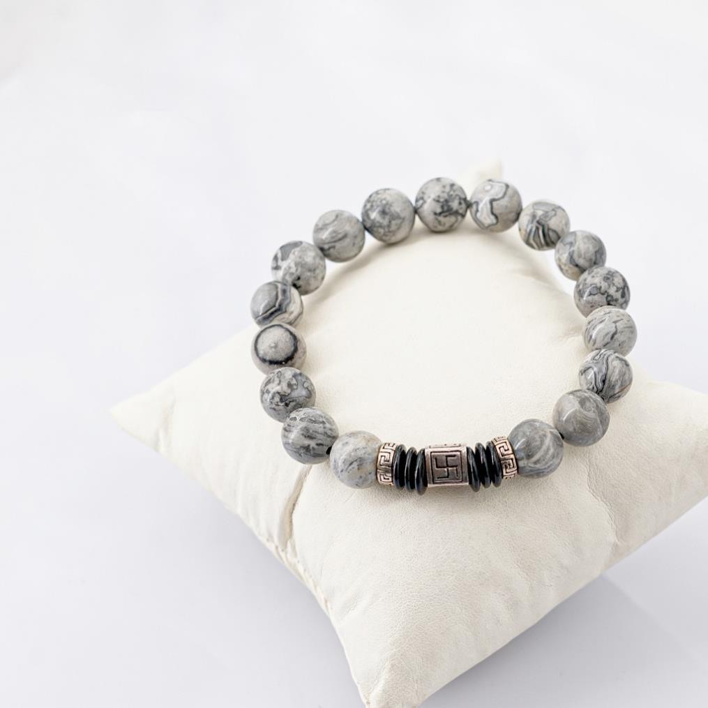 Vòng tay nam Grey Jasper 10mm + Charm Vạn - Chế tác tự nhiên - Thương hiệu Anqlo - Vòng tay phong thủy tốt cho sức khỏe