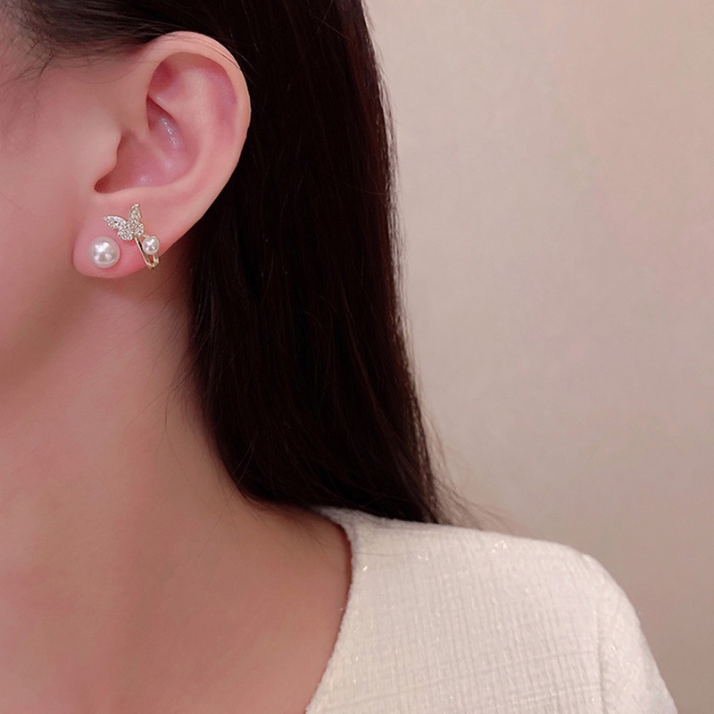 Khuyên Tai Hình Bướm Đính Đá Ngọc Trai Nhân Tạo Phong Cách Hàn Quốc Đơn Giản