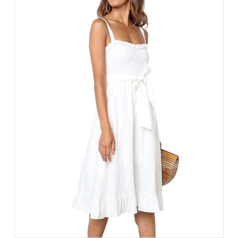 Xiangbao Đầm Xòe Dài Tới Gối Không Tay Xếp Ly Tầng Màu Trơn Cho Nữ Be