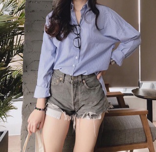Áo sơ mi oversize sọc xanh