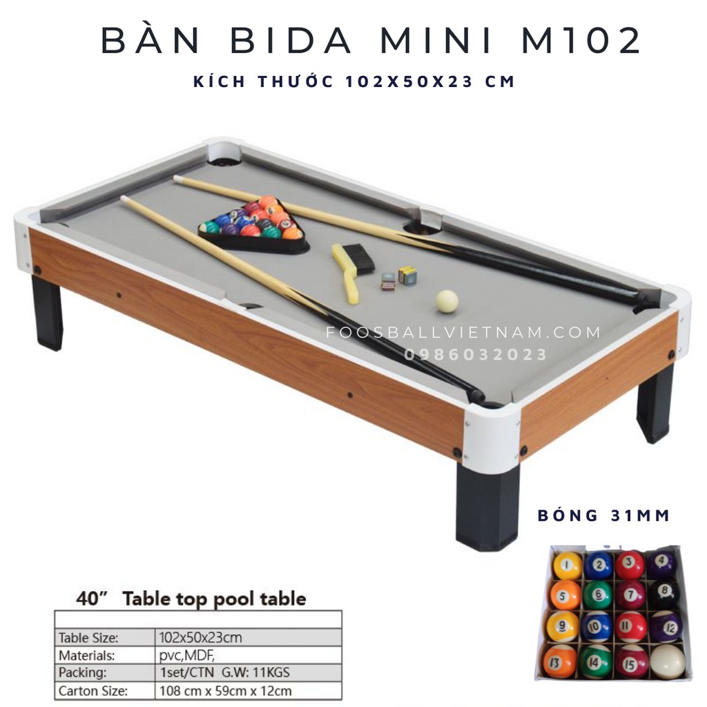 Bàn bi-a bida mini 102cm nhập khẩu giá rẻ + bi sứ 31mm (M102) và 38mm (M103) + vải nỉ + gậy gỗ 90cm