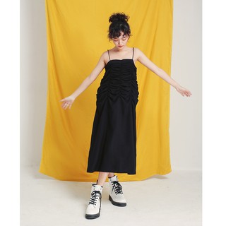 DOTTIE - Đầm Midi Nhún Tạo Kiểu Đen Nữ D0051