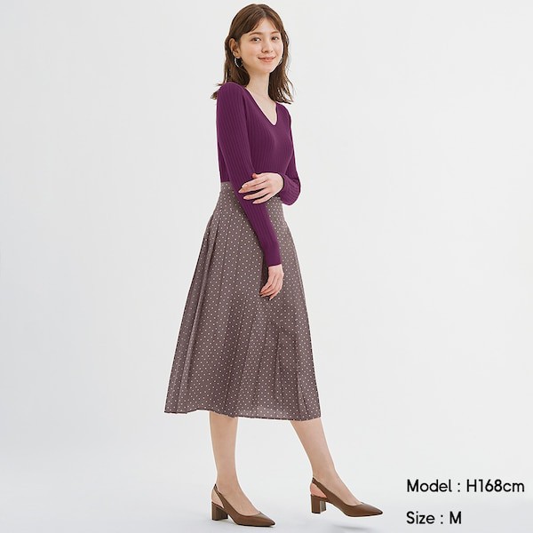 Chân váy nữ xếp ly midi chấm kẻ quyến rũ của GU - Nhật Bản