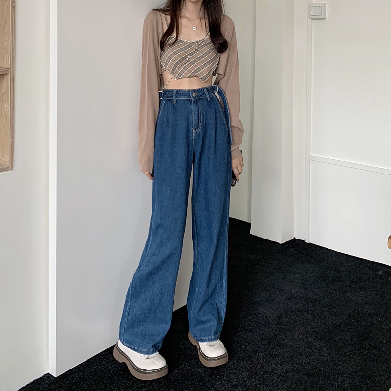 Quần Denim Nữ Lưng Cao Ống Rộng Phong Cách Hàn Quốc